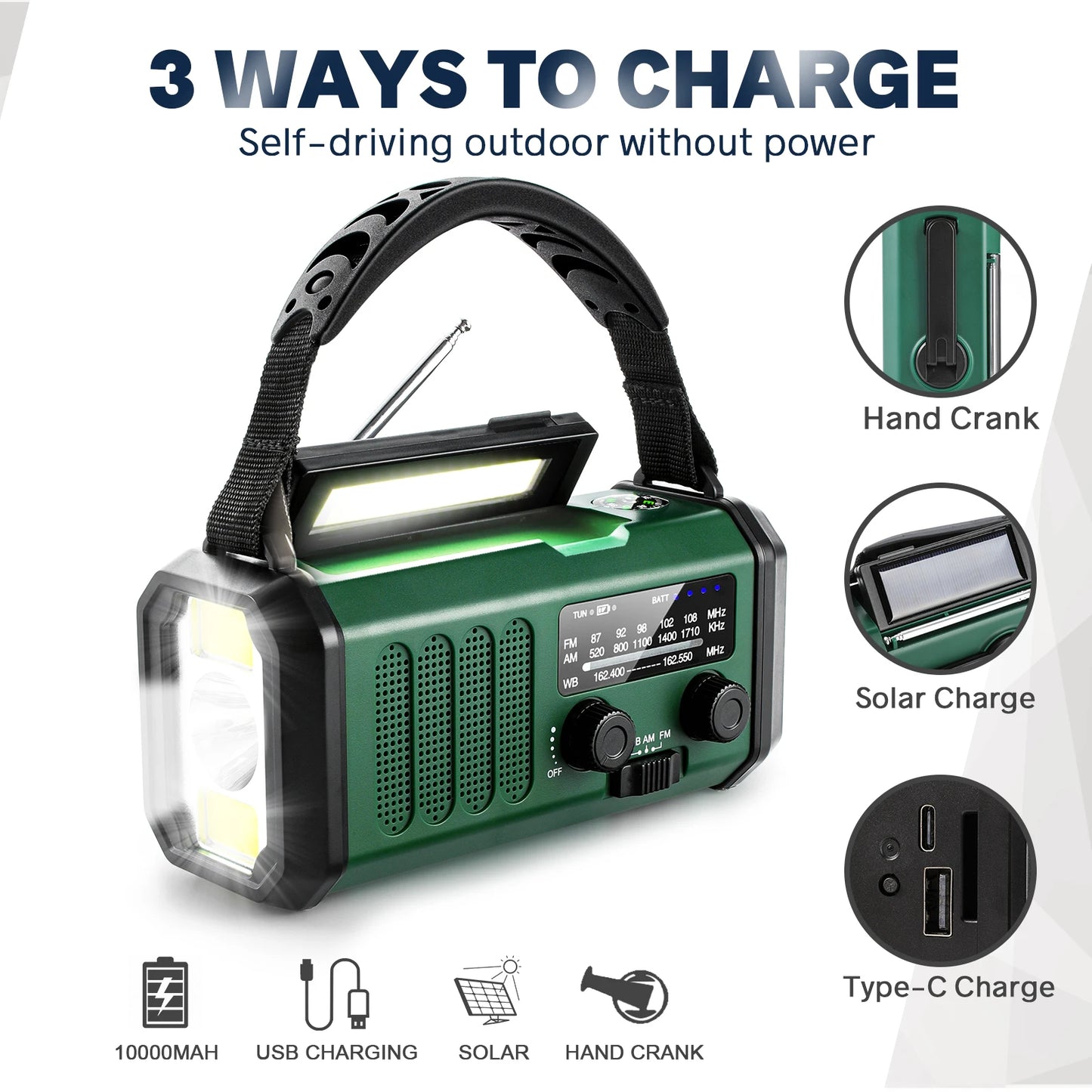 Rádio de Emergência Solar - Á manivela - Gerador - AM/FM - Led - Alarme - Power Bank