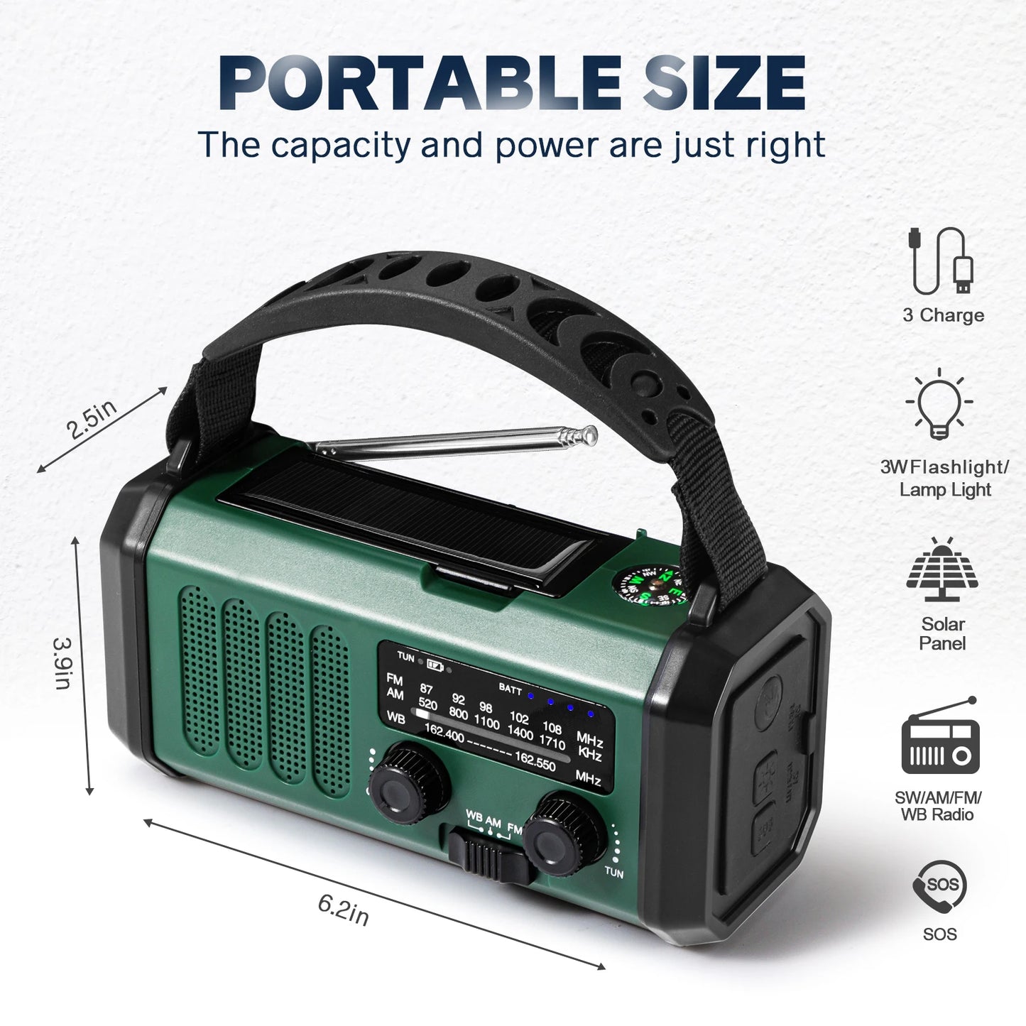 Rádio de Emergência Solar - Á manivela - Gerador - AM/FM - Led - Alarme - Power Bank